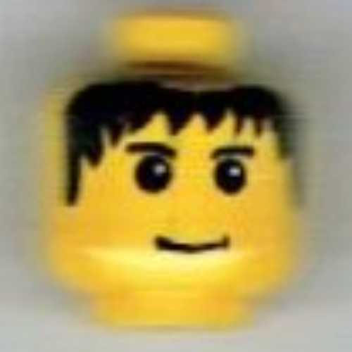 Minifig Head Babloo / Soccer Player, Messy Black Hair, Slight Smile, Eyebrows Print Gelb