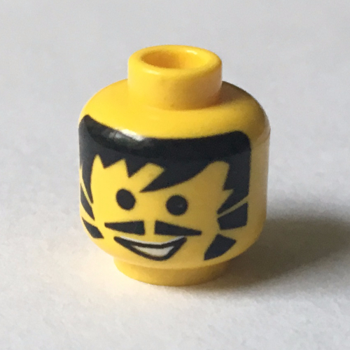 Minifig Head Driver, Moustache Pointed, Black Hair and Sideburns, Open Mouth Print [Blocked Open Stud] Yellow