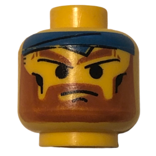 Minifig Head Bandit, Beard with Angry Brown Eyebrows, Moustache and Blue Bandana Print [Blocked Open Stud] Gelb