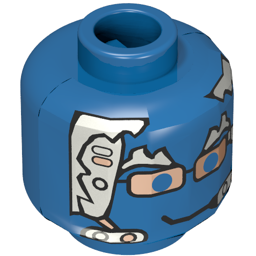 Minifig Head Insectoid, Silver Hair, Copper Glasses and Headset Print [Blocked Open Stud] Blau