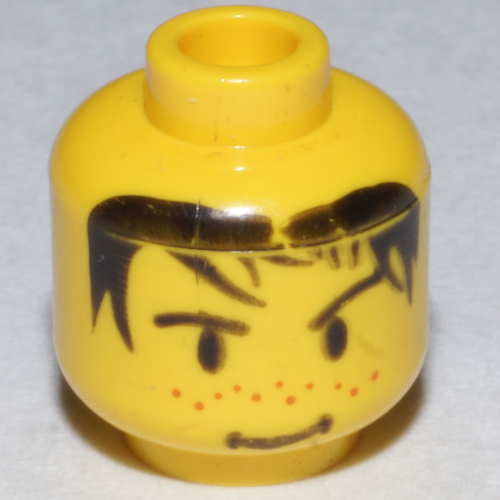 Minifig Head Mike / Soccer Player, Spiky Black Hair, Nose Freckles and Smirk Print Yellow