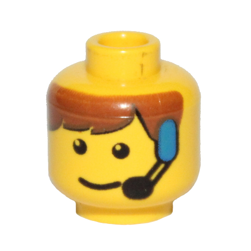 Minifig Head, Brown Bangs and Headset Print Yellow