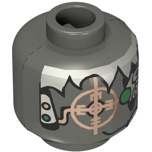 Minifig Head Insectoid, Silver Hair and Copper Eyepiece Print [Blocked Open Stud] Dunkelgrau