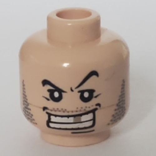 Minifig Head Criminal, Arched Eyebrow, White Teeth with Gold Tooth, Fine Stubble and Line under Mouth Print Light Nougat