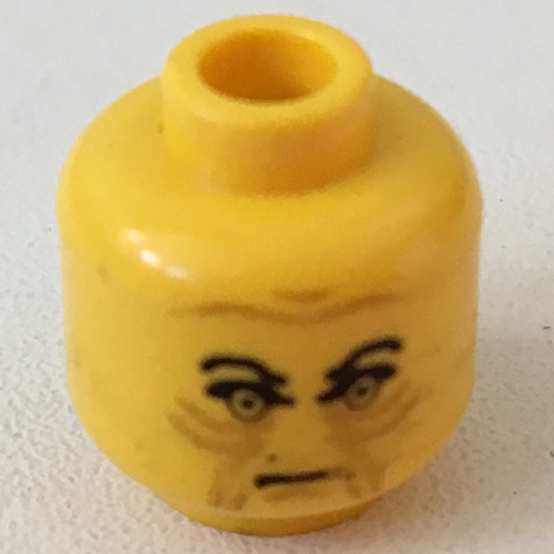 Minifig Head Palpatine (Emperor), Angry Black Eyebrows, Brown Wrinkles Print Gelb