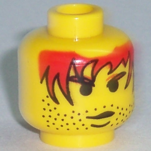 Minifig Head, Red Hair with Black Outline, Stubble Print [Blocked Open Stud] Gelb