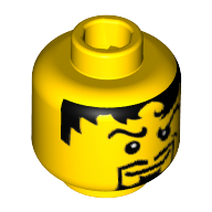 Minifig Head Rascus / Soldier / Knight / Warrior / Soccer Player, Male, Messy Black Hair, Goatee Print Yellow