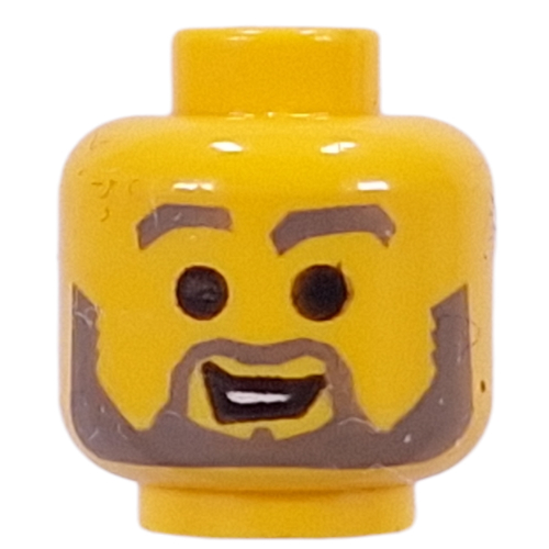 Minifig Head Jedi / Mac, Beard with Raised Gray Eyebrows and Open White Mouth, Black Pupils Print [Blocked Open Stud] Yellow