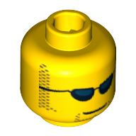 Minifig Head Space Police Officer / F1 Engineer, Dark Blue Sunglasses, Closed Mouth, Light Brown Sideburns and Goatee Print Yellow