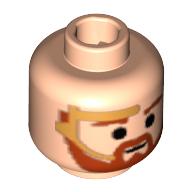 Minifig Head Obi-Wan Kenobi, Beard with Brown Trim Beard and Eyebrows, Gold Headset Print Light Nougat