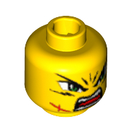 Minifig Head Takeshi, Dual Sided, Green Eyes, Frown, Scar / Open Mouth Print [Blocked Open Stud] Gelb