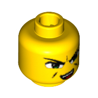 Minifig Head Ha-Ya-To, Dual Sided, Green Eyes, Smirk / Open Mouth Smirk Print [Blocked Open Stud] Yellow