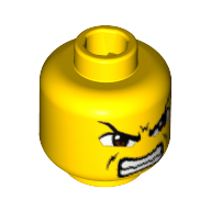 Minifig Head Guard, Dual Sided, Brown Eyes, Scowl with Mouth Closed / Bared Teeth Print [Blocked Open Stud] Yellow