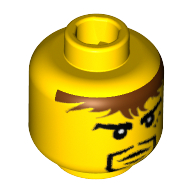 Minifig Head Sir Adric / Knight / Pirate, Moustache Black, Messy Brown Hair, Small Mouth with Lower Lip, 3 Spots under Left Eye Print [Blocked Open Stud] Yellow