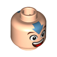 Minifig Head Aang (Avatar), Eyes, Mouth Wide Open, Blue Arrow on Forehead, Square on Back Print [Blocked Open Stud] Light Nougat