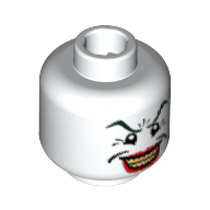 Minifig Head Joker, Dark Green Eyebrows, Wide Smile with Red Lips, Crow's Feet Print Weiß