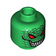 Minifig Head Killer Croc, Red Eyes, Grin with Sharp Teeth, Reptile Scales Print [Blocked Open Stud] Green