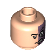 Minifig Head Two-Face (Harvey Dent), Half Normal, Half Purple with Scar Print [Blocked Open Stud] Light Nougat