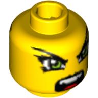 Minifig Head Hitomi, Dual Sided, Green Eyes, Slight Smirk / Open Mouth Print [Blocked Open Stud] Yellow