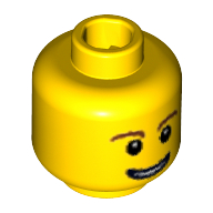 Minifig Head, Brown Eyebrows, Thin Grin with Teeth, Black Eyes with White Pupils Print Yellow