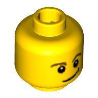 Minifig Head, Brown Eyebrows, Eyes with White Pupils, Crooked Smile with Black Dimple Print Gelb