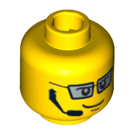 Minifig Head Agent Fuse, Silver Glasses, Headset, Smiling / Scared Print Gelb