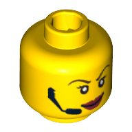 Minifig Head Agent Swift / Trace, Red Lips, Headset, Scared / Smiling Print Yellow