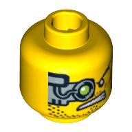 Minifig Head Fire Arm, Mechanical Right Eye Green, Scars on Left Cheek, Stubble Print [Blocked Open Stud] Yellow