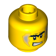 Minifig Head Power Miner, Unibrow with Light Bluish Gray Sideburns and Orange Scar, Determined / Scared Print Yellow