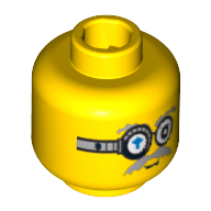 Minifig Head Brains, Glasses with Blue Arrow, Mouth Closed / Bared Teeth Print Yellow