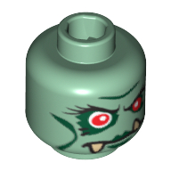 Minifig Head Troll Queen, Red Eyes, Dark Green Lips and Lower Fangs Print [Blocked Open Stud] Sand Green
