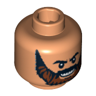 Minifig Head Temple Guard, Beard Brown Full with Black Knit Eyebrows and Grin with Teeth Print [Blocked Open Stud] Nougat