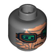 Minifig Head Hondo Ohnaka, Brown Goggles Print Dark Bluish Gray