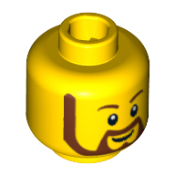 Minifig Head, Beard Brown Rounded, White Pupils, Grin Print Yellow