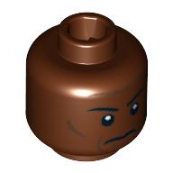 Minifig Head Mace Windu / Seso, Grim Face with Cheek Lines, Thin Eyebrows, White Pupils Print Rotbraun