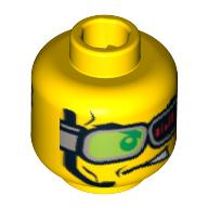Minifig Head Daredevil, Dual Sided, Headset and Green Glasses with Red Bars, Glasses Down / Glasses Up and Mouth Open Print [Blocked Open Stud] Yellow