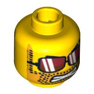 Minifig Head Daredevil / Captain Stunt, Red Sunglasses with White Stripes, Clenched Teeth, Grin / Angry Print Gelb