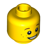 Minifig Head, Brown Eyebrows and Freckles, Open Smile, White Pupils Print Gelb