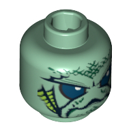 Minifig Head Portal Emperor, Large Blue Eyes, Turtle Mouth and Gills Print [Blocked Open Stud] Sand Green