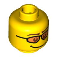 Minifig Head Skier, Orange Sunglasses, Brown Eyebrows and Crooked Smile Print [Blocked Open Stud] Yellow