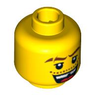 Minifig Head Knight, Thick Brown Eyebrows with Scar, Open Mouth with Missing Tooth, White Pupils Print Yellow