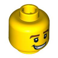 Minifig Head Race Car Driver, Thick Brown Eyebrows, White Pupils and Grin with Teeth Print Yellow