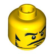 Minifig Head Samurai Warrior, Thick Eyebrows, Sideburns, Goatee, Moustache and White Pupils Print [Blocked Open Stud] Gelb