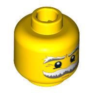 Minifig Head Pilot, Moustache and Eyebrows White and Gray Bushy, White Pupils and Crow's Feet Print Gelb