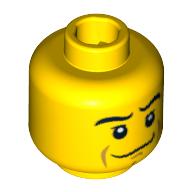Minifig Head, Crooked Smile, Eyebrows, White Pupils, Chin Dimple Print [Blocked Open Stud] Gelb