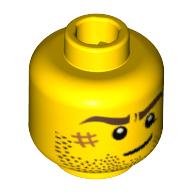 Minifig Head Mac McCloud / Lion Knight, Beard Stubble, Brown Eyebrows, Crooked Smile, White Pupils and Scar Print Yellow