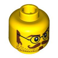 Minifig Head Archibald Hale, Glasses with Brown Sideburns, Moustache and White Pupils Print [Blocked Open Stud] Gelb
