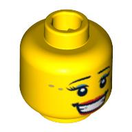 Minifig Head Ice Skater, Thin Eyebrows, Eyelashes with Light Blue Mascara, Open Mouth Smile with Teeth and Red Lips, Gray Star Print [Blocked Open Stud] Gelb