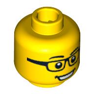 Minifig Head Street Skater, Rectangular Glasses, Open Mouth Smile, White Pupils Print [Blocked Open Stud] Yellow