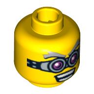 Minifig Head Crazy Scientist, Pink and Silver Goggles, Gray Eyebrows, Open Mouth with Teeth Print [Blocked Open Stud] Yellow